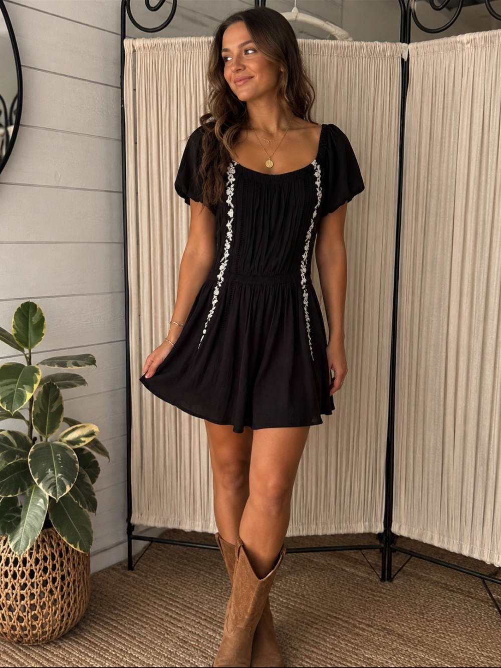 Poof! Black Short Sleeve Embroidered Romper